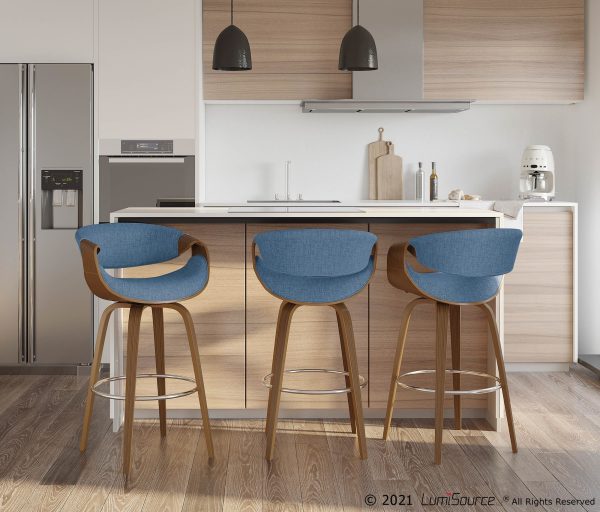 Curvini Mid Century Modern Walnut and Blue Barstool Set of 2 3