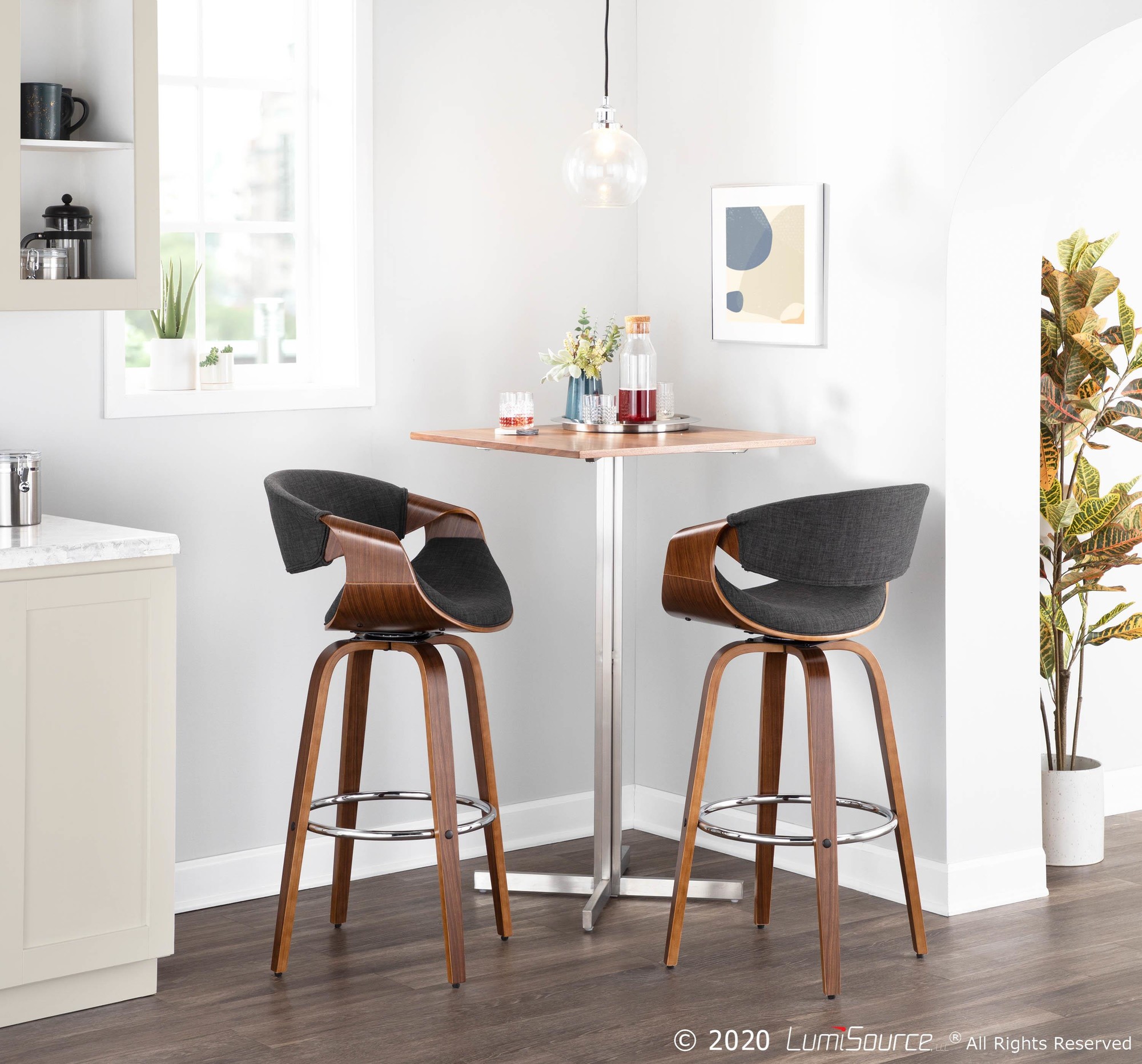 Curvini Mid-Century Modern Walnut and Charcoal Barstool 30-Inch (Set of 2) 3 Curvini Mid-Century Modern Walnut and Charcoal Barstool 30-Inch (Set of 2) - Image 3