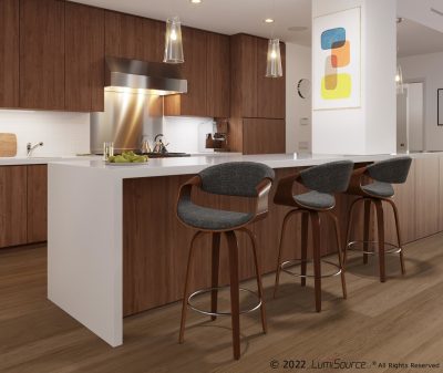 Curvini Walnut Mid-Century Modern Charcoal Counter Stools (Set of 2)