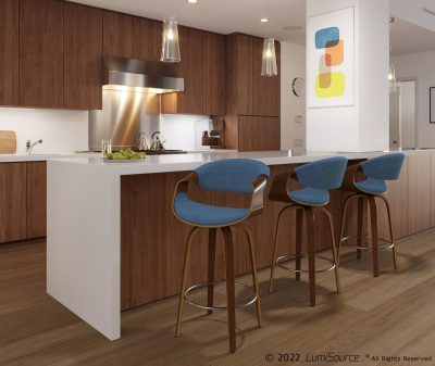 Curvini Walnut Wood Blue Mid-Century Modern Counter Stool (Set of 2)