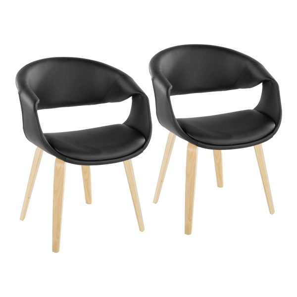 Curvo Black Faux Leather Contemporary Upholstered Chair Natural Wood Set of 2 1