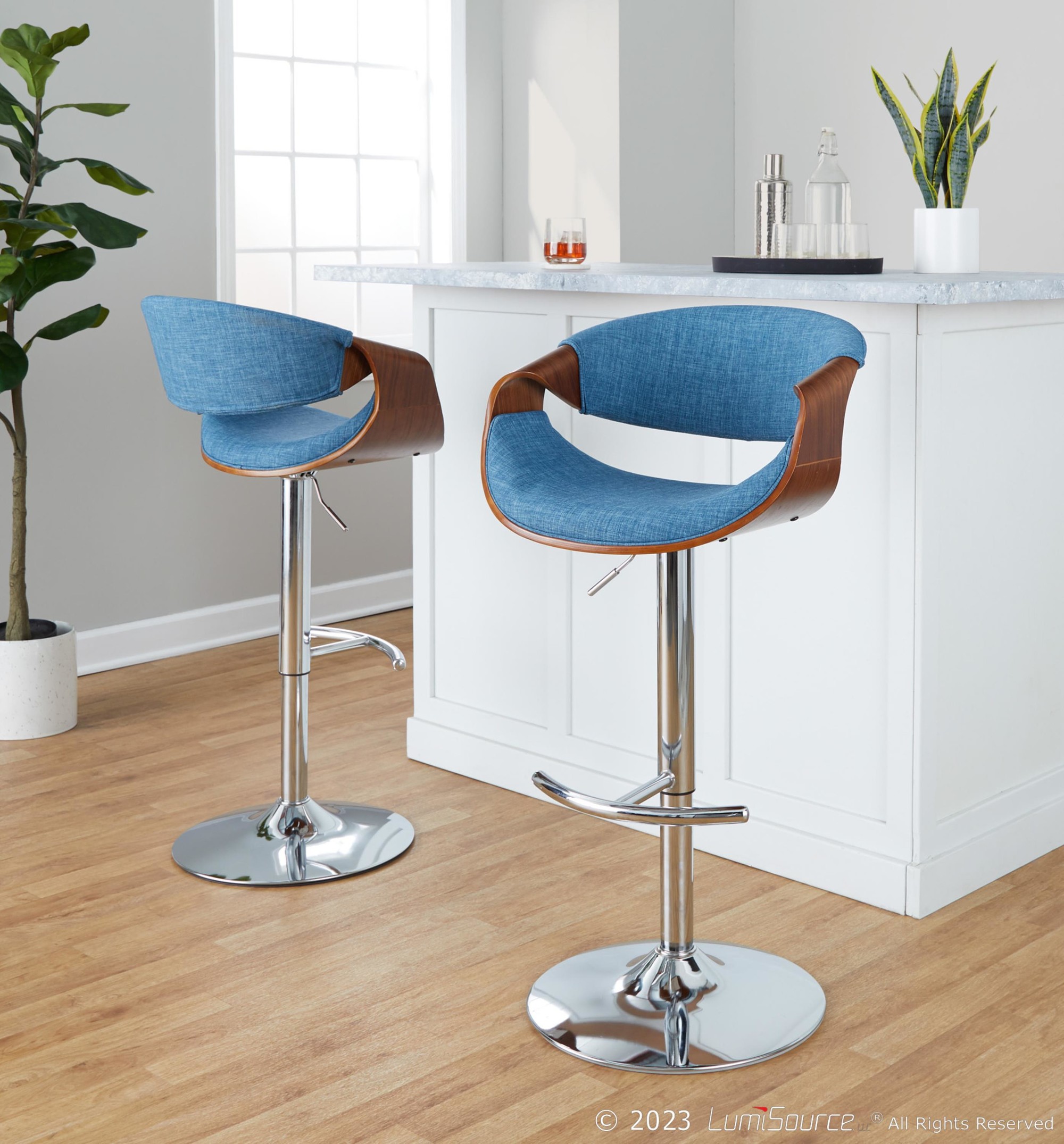 Curvo Blue Mid-Century Modern Swivel Barstool Pair (Set of 2) 2 Curvo Blue Mid-Century Modern Swivel Barstool Pair (Set of 2) - Image 2