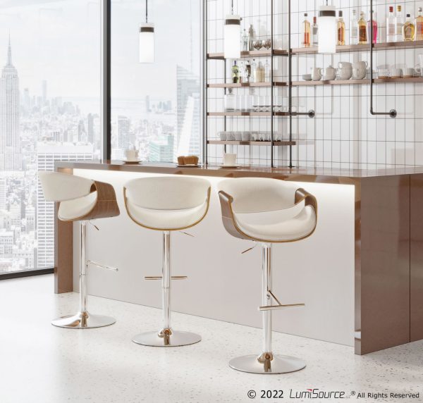 Curvo Chrome and Walnut Mid Century Modern Barstool Set of 3