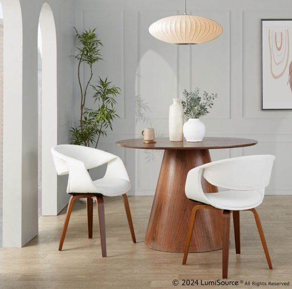 Curvo Contemporary Walnut Wood White Faux Leather Chairs Set of 2