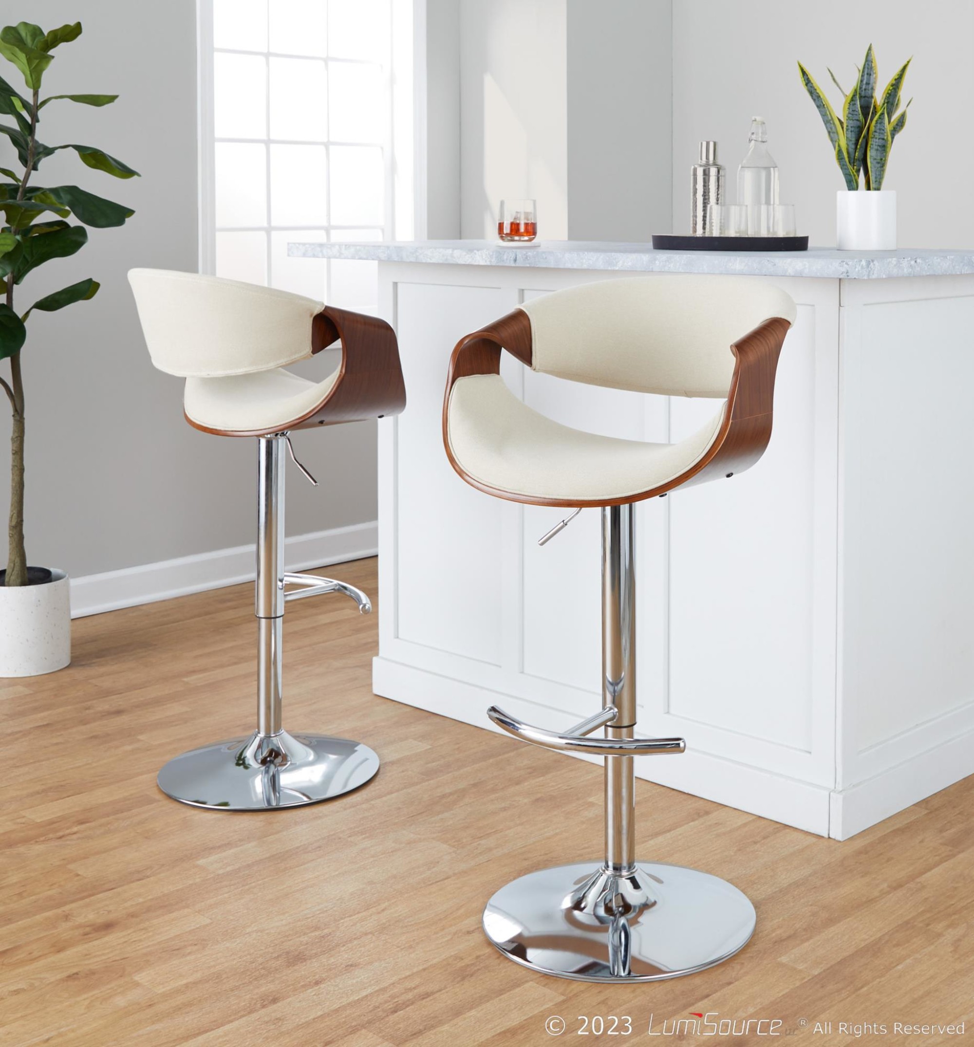 Curvo Cream Fabric Mid-Century Modern Swivel Barstool (Set of 2) 2 Curvo Cream Fabric Mid-Century Modern Swivel Barstool (Set of 2) - Image 2