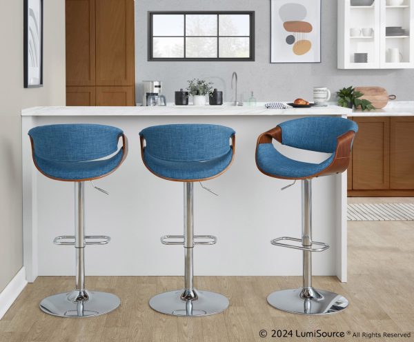 Curvo Mid Century Modern Blue Swivel Barstool Chrome Walnut Set of 2 1