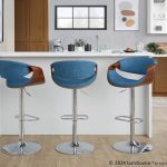 Curvo Mid-Century Modern Blue Swivel Barstool Chrome Walnut (Set of 2)