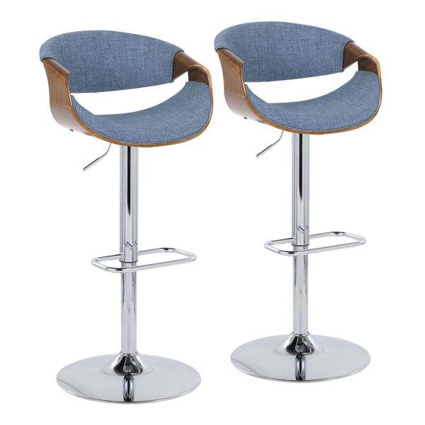 Curvo Mid Century Modern Blue Swivel Barstool Chrome Walnut Set of 2 2