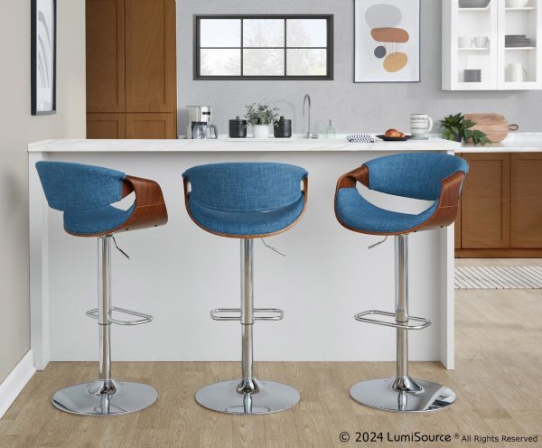 Curvo Mid Century Modern Blue Swivel Barstool Chrome Walnut Set of 2
