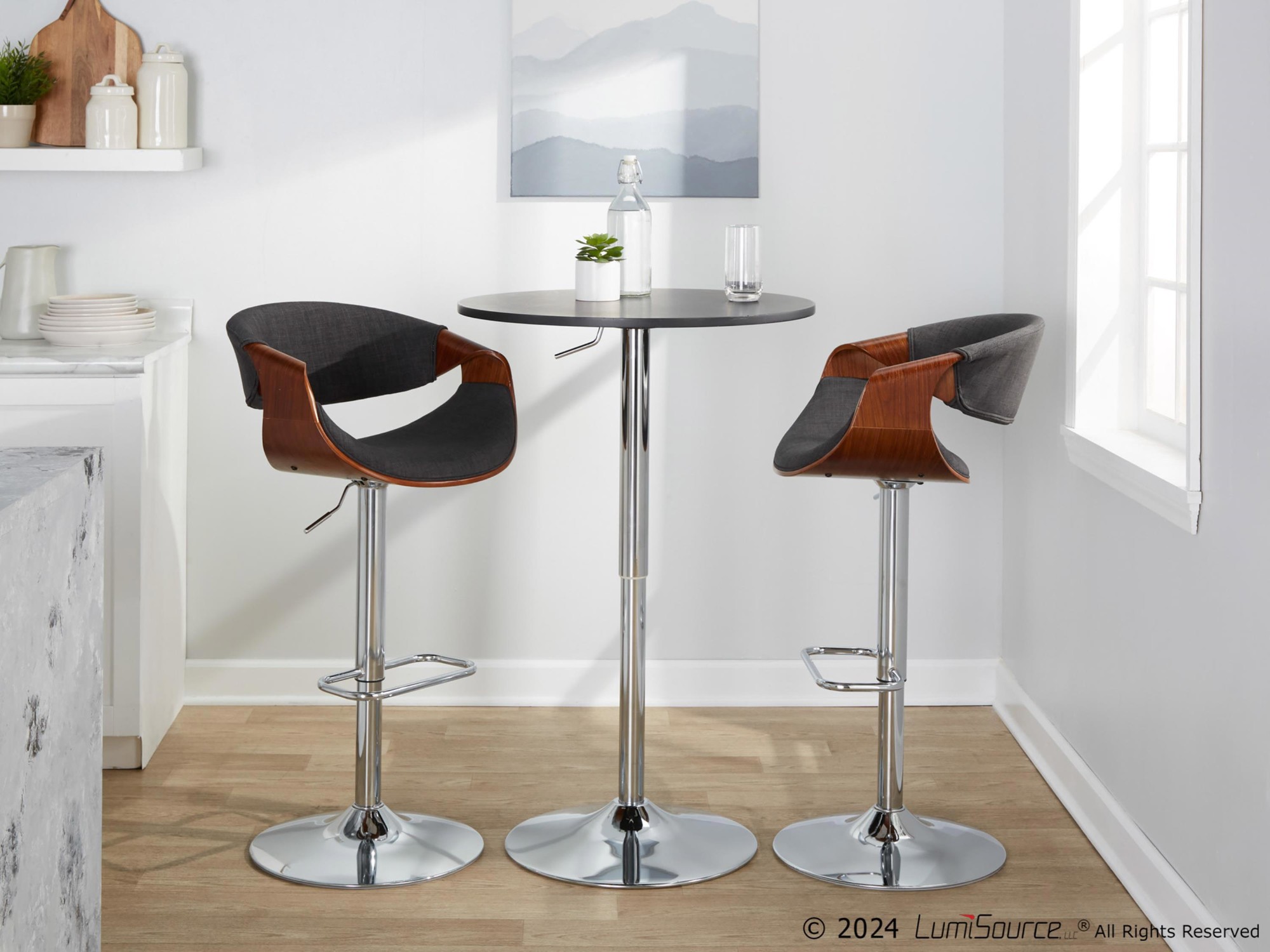 Curvo Mid-Century Modern Swivel Barstool Chrome Walnut Charcoal w/ Rectangle Footrest (Set of 2) 2 Curvo Mid-Century Modern Swivel Barstool Chrome Walnut Charcoal w/ Rectangle Footrest (Set of 2) - Image 2
