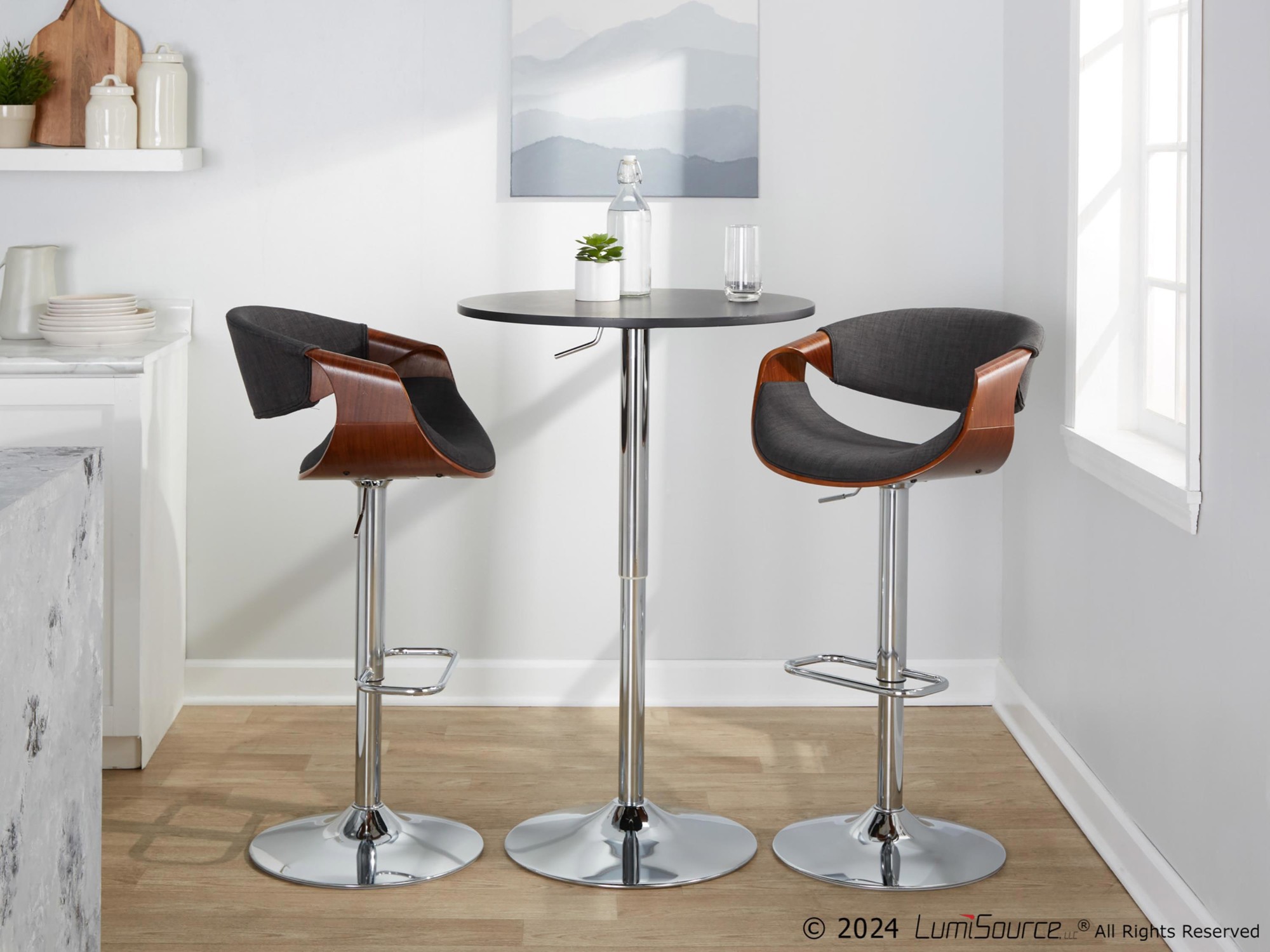 Curvo Mid-Century Modern Swivel Barstool Chrome Walnut Charcoal w/ Rectangle Footrest (Set of 2) 1 Curvo Mid-Century Modern Swivel Barstool Chrome Walnut Charcoal w/ Rectangle Footrest (Set of 2)