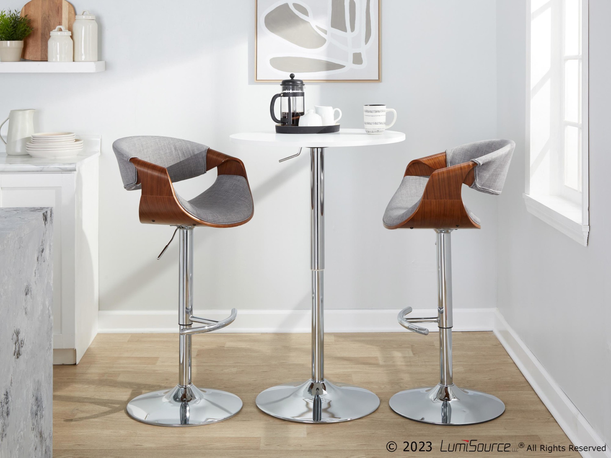 Curvo Mid-Century Modern Swivel Barstool Chrome Walnut Light Grey (Set of 2) 2 Curvo Mid-Century Modern Swivel Barstool Chrome Walnut Light Grey (Set of 2) - Image 2