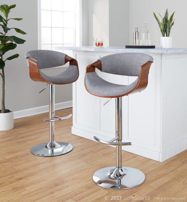 Curvo Mid Century Modern Swivel Barstool Chrome Walnut Light Grey Set of 2 2