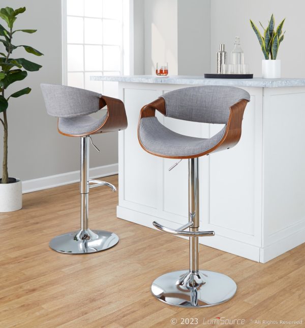 Curvo Mid Century Modern Swivel Barstool Chrome Walnut Light Grey Set of 2 3