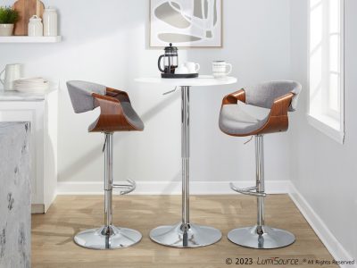 Curvo Mid-Century Modern Swivel Barstool Chrome Walnut Light Grey (Set of 2)