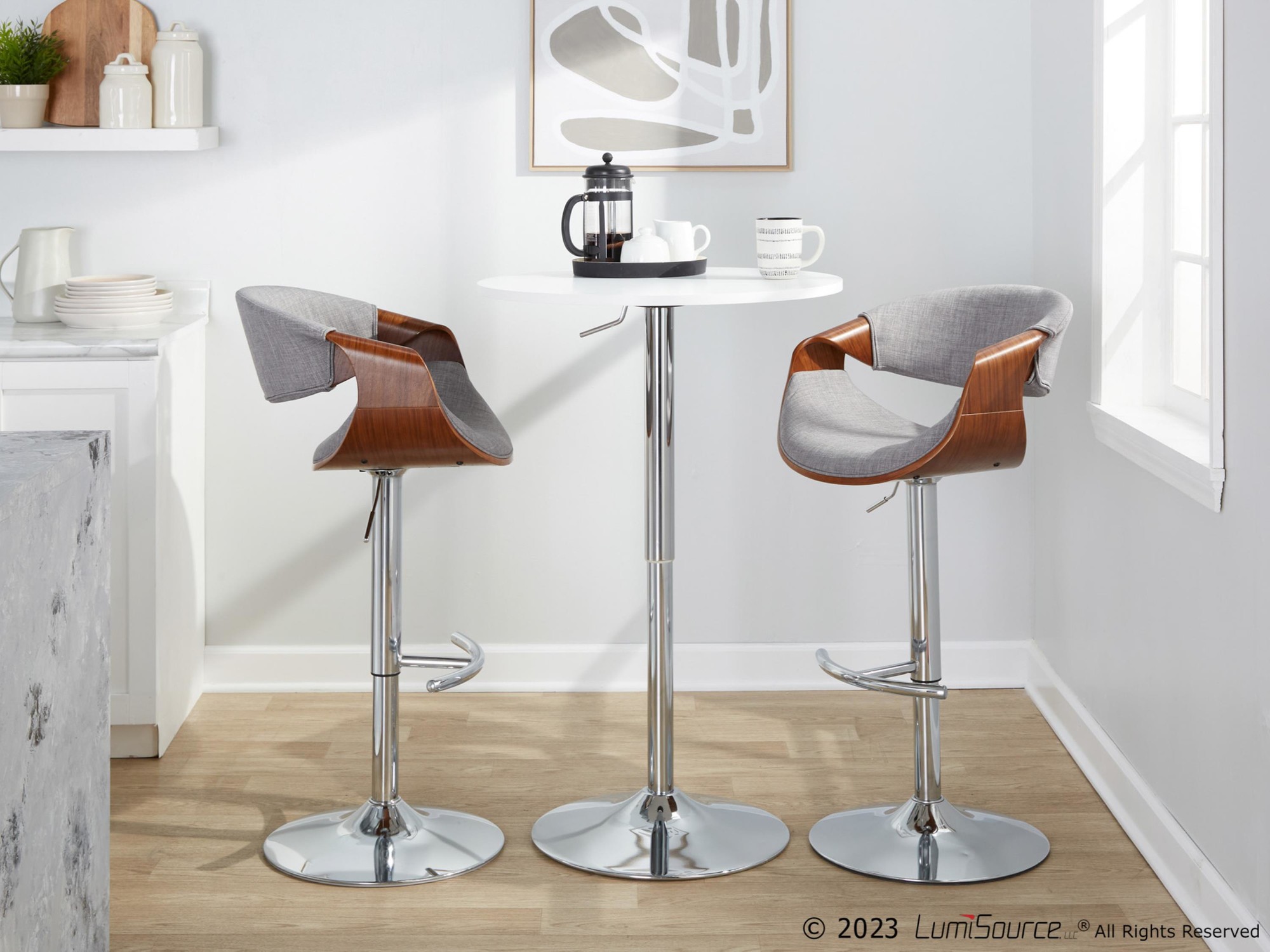 Curvo Mid-Century Modern Swivel Barstool Chrome Walnut Light Grey (Set of 2) 1 Curvo Mid-Century Modern Swivel Barstool Chrome Walnut Light Grey (Set of 2)