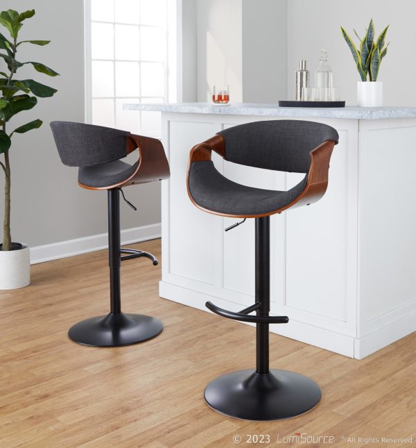 Curvo Mid Century Modern Swivel Barstool Walnut Charcoal Set of 2 1