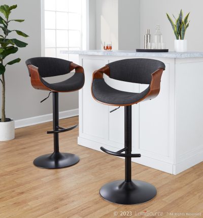 Curvo Mid-Century Modern Swivel Barstool Walnut Charcoal (Set of 2)