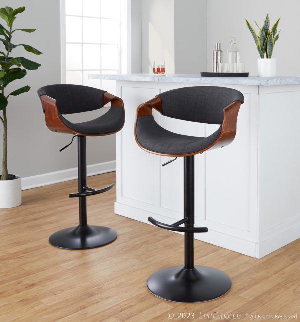 Curvo Mid Century Modern Swivel Barstool Walnut Charcoal Set of 2
