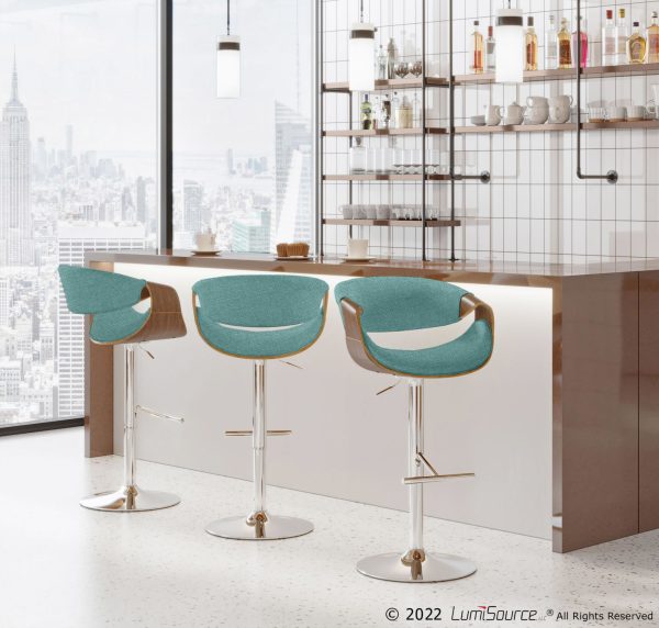 Curvo Mid Century Modern Teal Swivel Barstool Walnut Set of 2