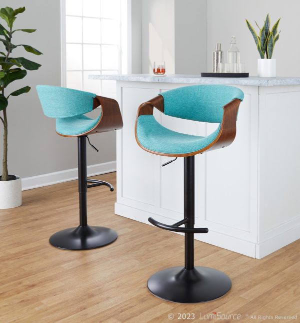 Curvo Mid Century Teal Swivel Barstool Walnut and Black Set of 2 1