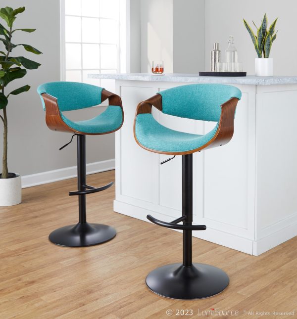 Curvo Mid Century Teal Swivel Barstool Walnut and Black Set of 2