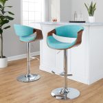 Curvo Teal Mid-Century Modern Adjustable Barstool Chrome Walnut (Set of 2)