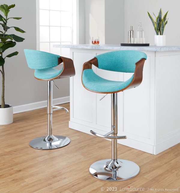 Curvo Teal Mid Century Modern Adjustable Barstool Chrome Walnut Set of 2 1