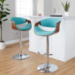 Curvo Teal Mid-Century Modern Adjustable Barstool Chrome Walnut (Set of 2)