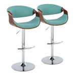 Curvo Teal Mid-Century Modern Adjustable Barstool Chrome Walnut (Set of 2)