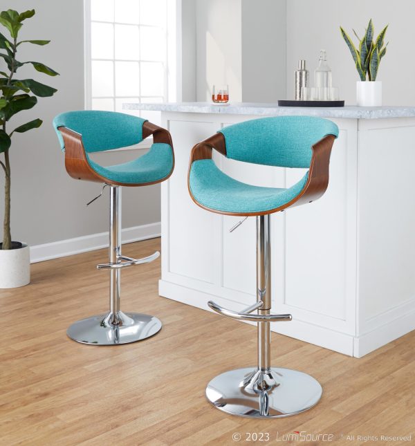 Curvo Teal Mid Century Modern Adjustable Barstool Chrome Walnut Set of 2