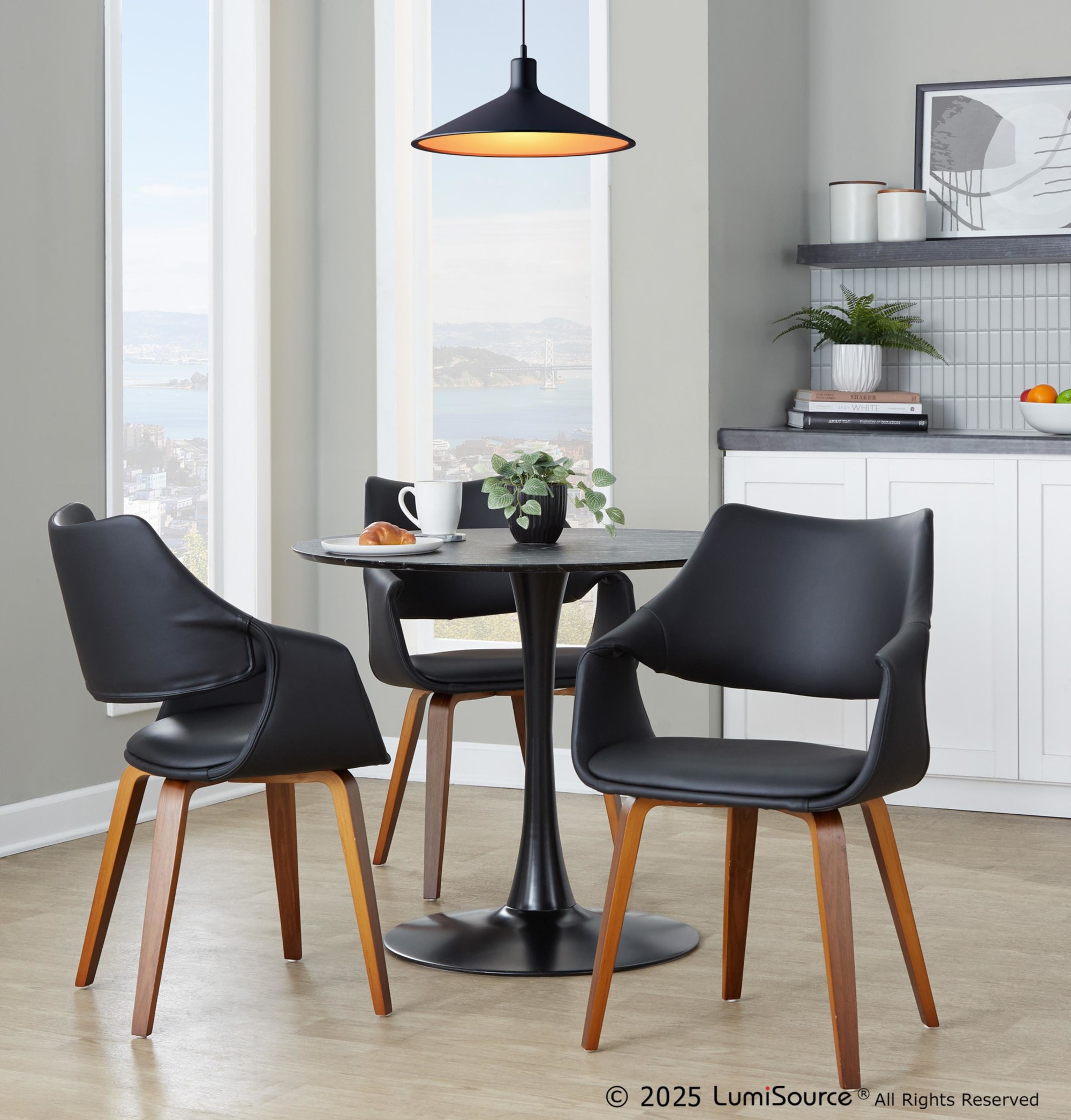 Curvo Walnut Black Faux Leather High-Back Contemporary Chairs (Set of 2) 1 Curvo Walnut Black Faux Leather High-Back Contemporary Chairs (Set of 2)