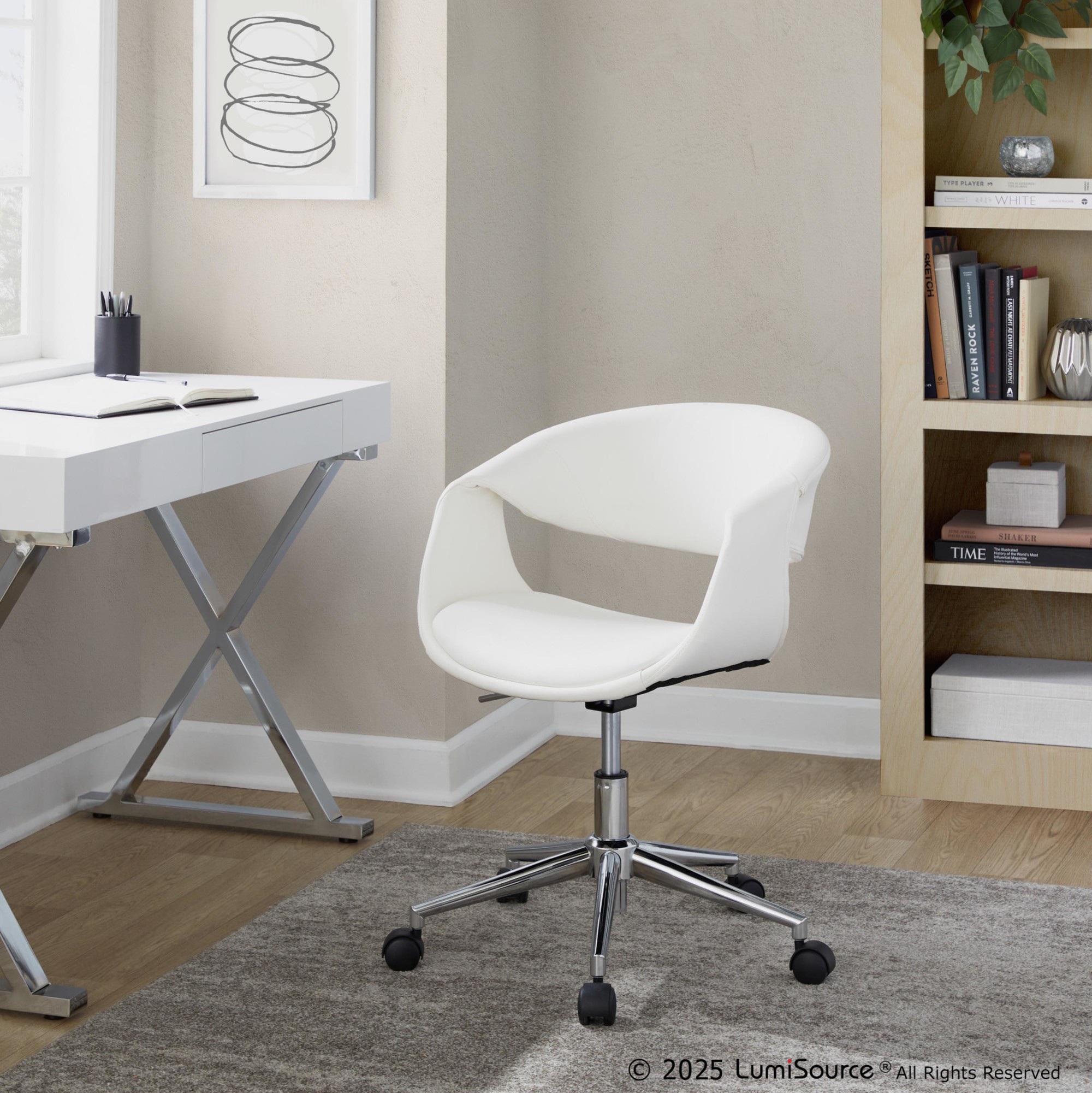 Curvo White Faux Leather Contemporary Task Chair Chrome Base 1 Curvo White Faux Leather Contemporary Task Chair Chrome Base