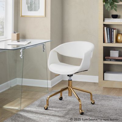 Curvo White Faux Leather and Gold Contemporary Task Chair