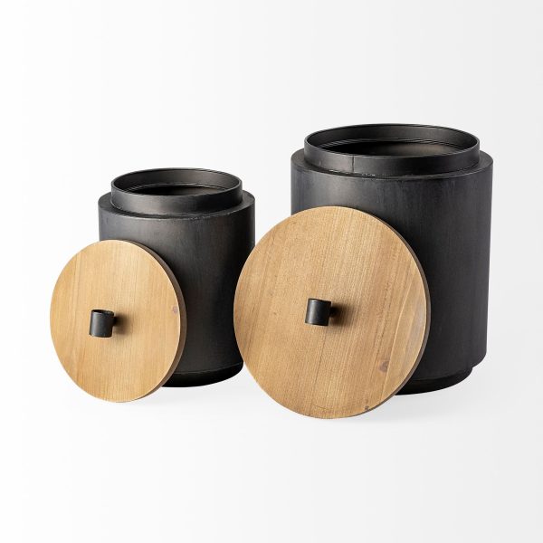 Cyril Set of 2 Gray Metal W Brown Wood Lids Jars 5