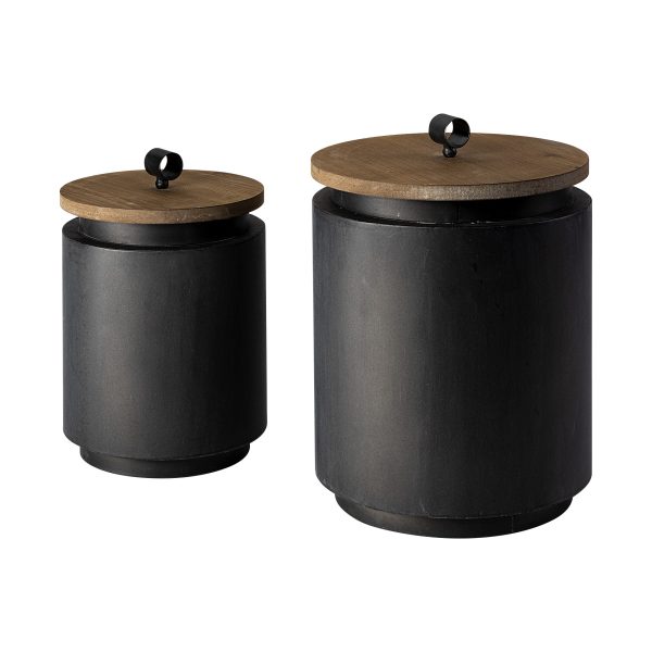 Cyril Set of 2 Gray Metal W Brown Wood Lids Jars