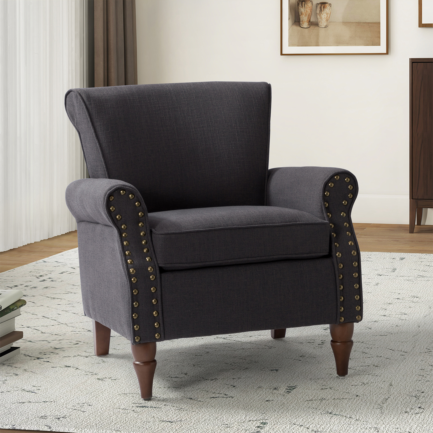 Cythnus Charcoal Linen Nailhead Trim Accent Armchair 1 Cythnus Charcoal Linen Nailhead Trim Accent Armchair