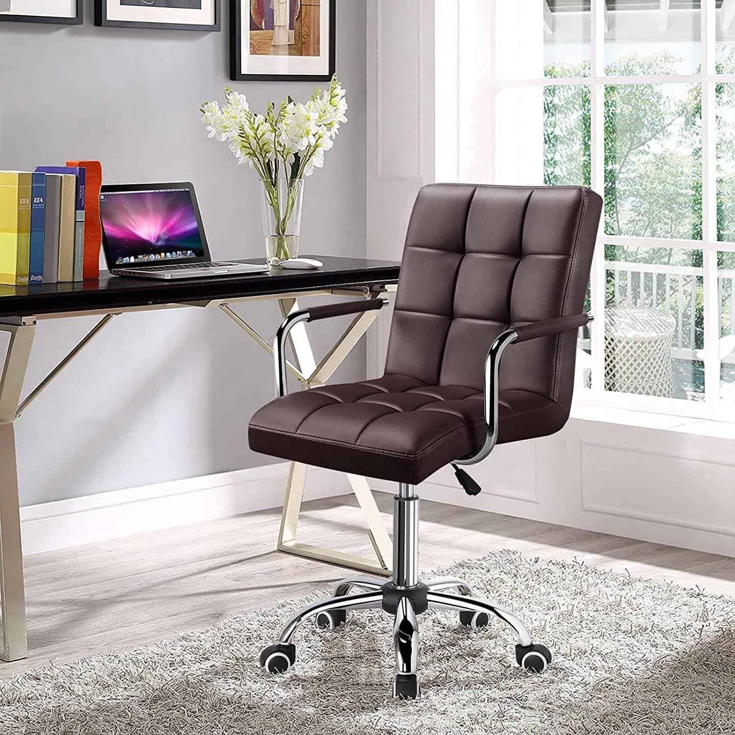 Dark Brown Faux Leather Mid-Back Office Chair with Wheels 2 Dark Brown Faux Leather Mid-Back Office Chair with Wheels - Image 2