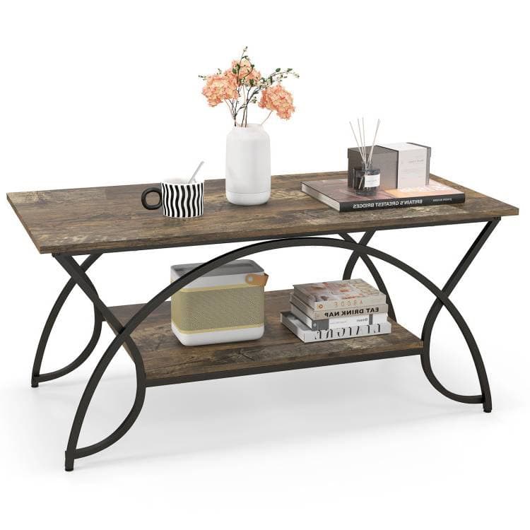 Rustic 2 Tier Coffee Table with Curved Metal Legs 1 Rustic 2 Tier Coffee Table with Curved Metal Legs