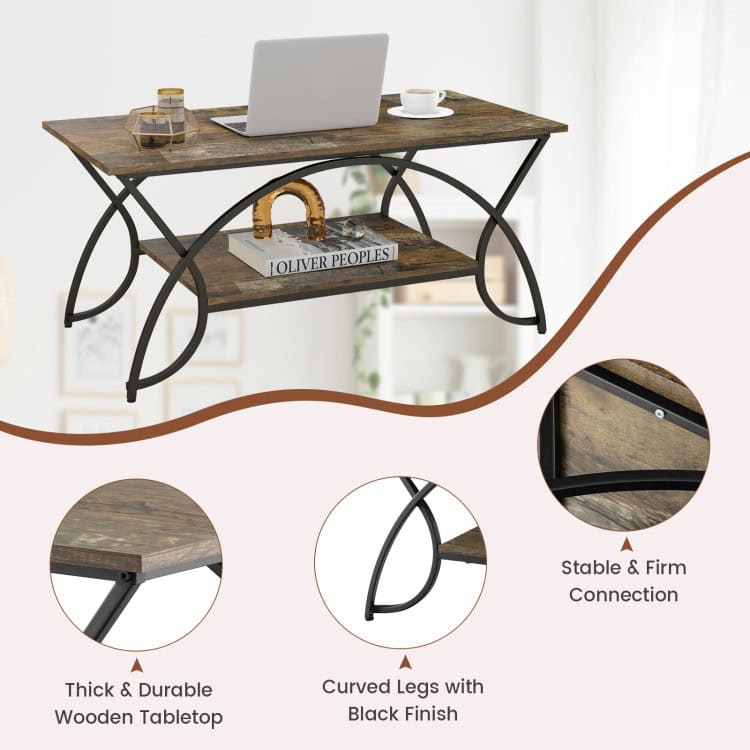Rustic 2 Tier Coffee Table with Curved Metal Legs 4 Rustic 2 Tier Coffee Table with Curved Metal Legs - Image 4