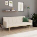 Mid-Century Sherpa Ivory Sleeper Sofa Bed with Wood Legs