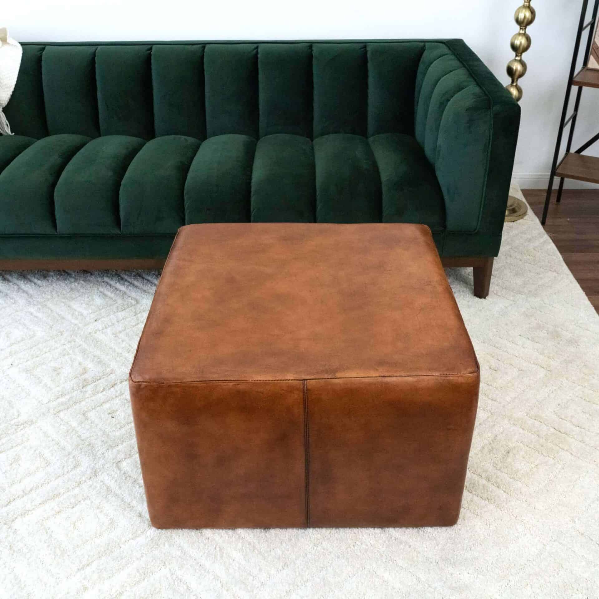 Tan Leather Mid-Century Square Ottoman 28 Inches 4 Tan Leather Mid-Century Square Ottoman 28 Inches - Image 4