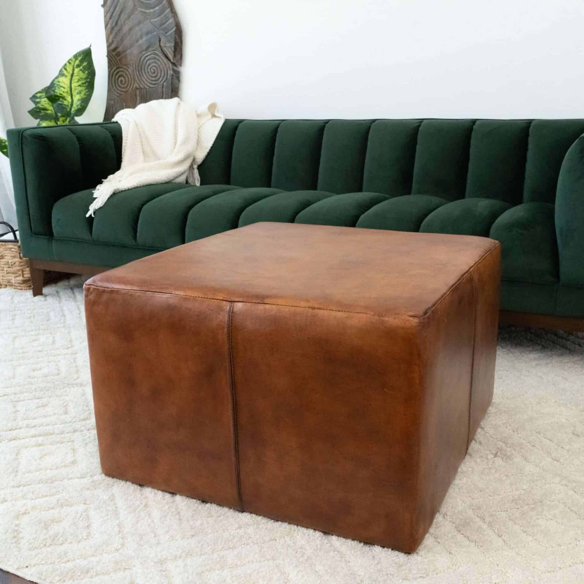 Tan Leather Mid-Century Square Ottoman 28 Inches 2 Tan Leather Mid-Century Square Ottoman 28 Inches - Image 2