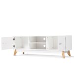 Mid-Century Modern White TV Stand with Storage and Shelves