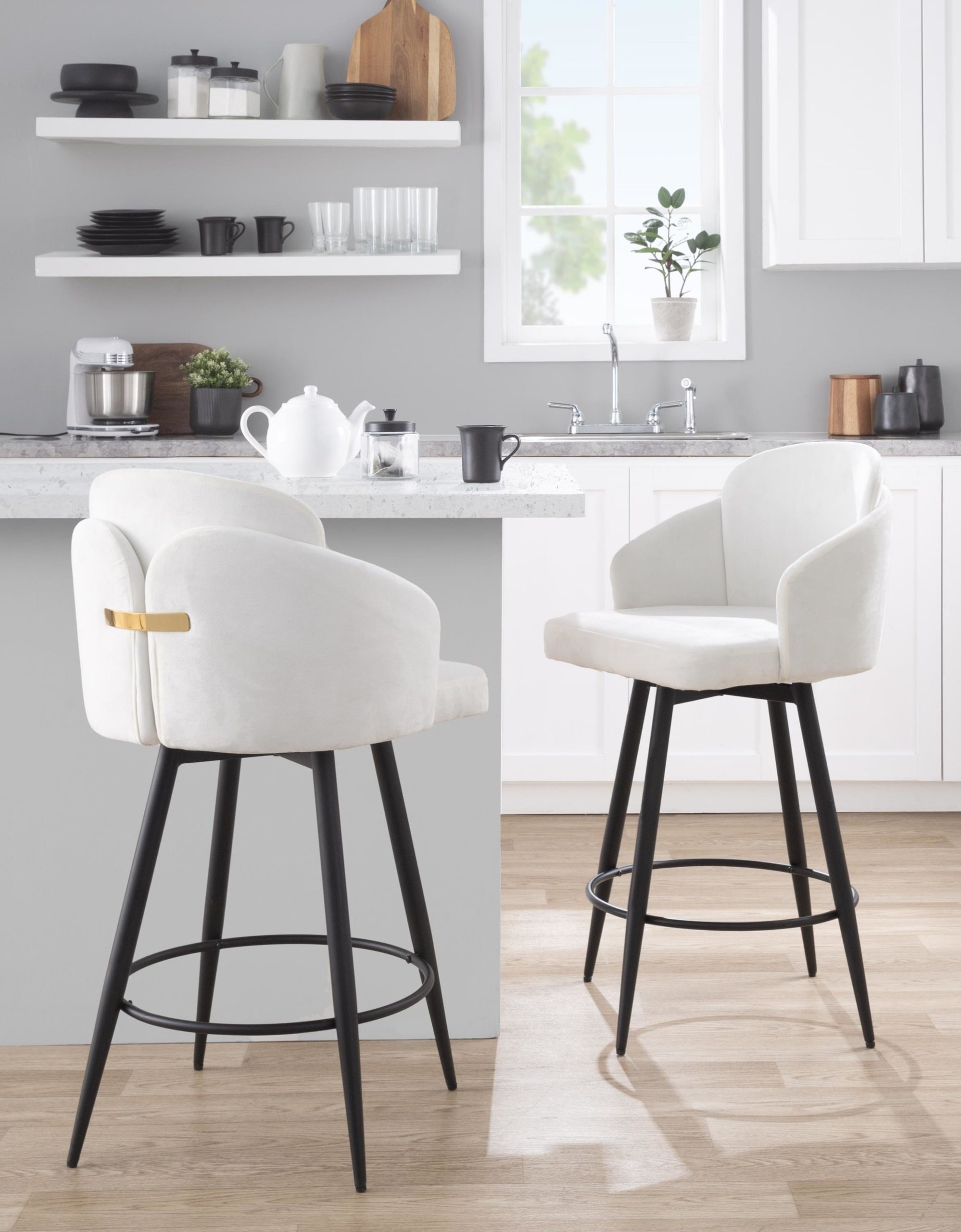 Dahlia 26-Inch Cream Velvet Contemporary Counter Stool (Set of 2) 2 Dahlia 26-Inch Cream Velvet Contemporary Counter Stool (Set of 2) - Image 2
