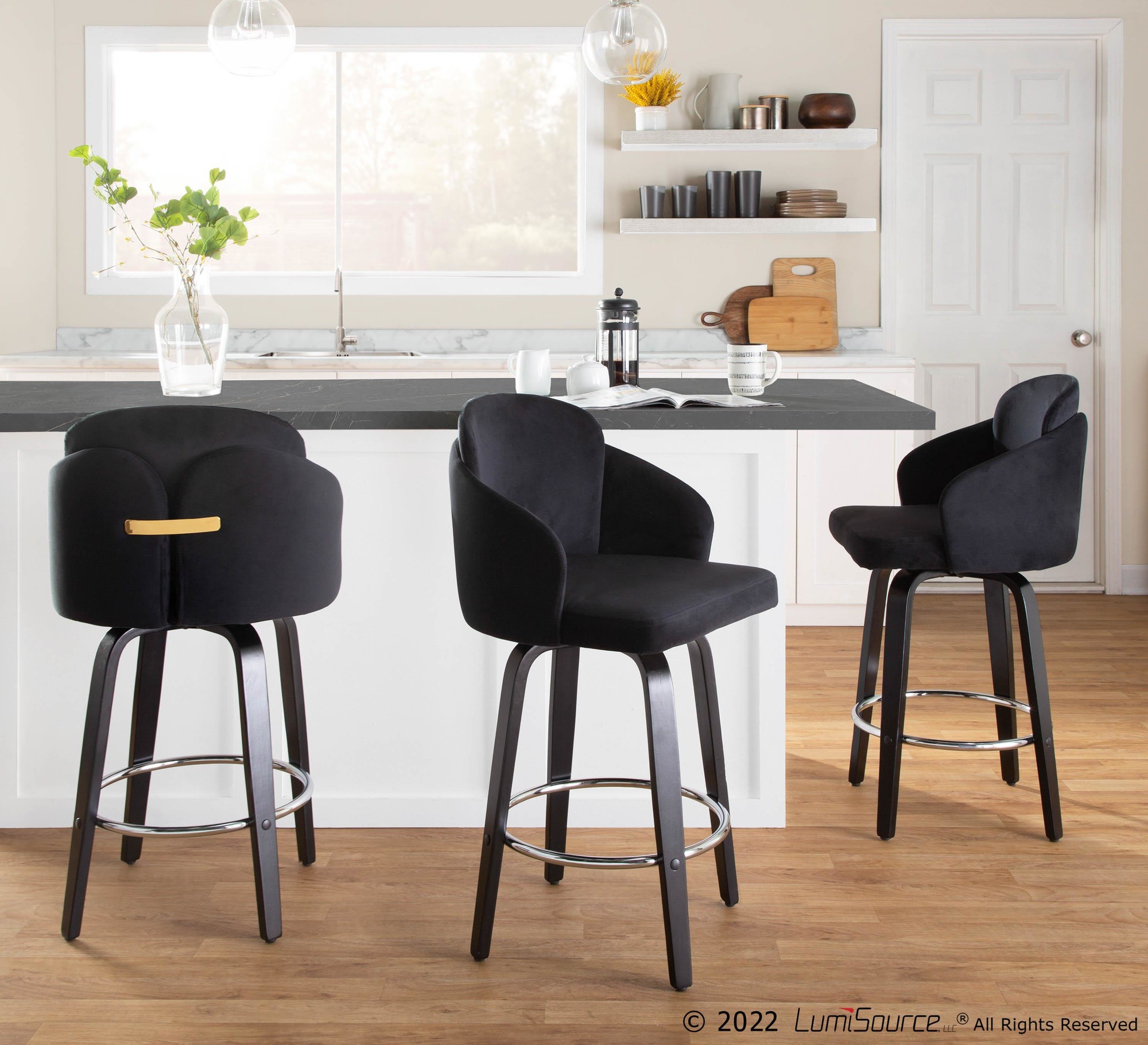 Dahlia Black Velvet Contemporary Counter Stool (Set of 2) 2 Dahlia Black Velvet Contemporary Counter Stool (Set of 2) - Image 2