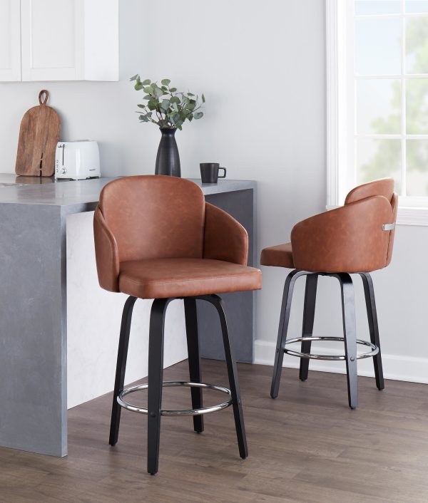 Dahlia Black Wood Camel Faux Leather Contemporary Counter Stools Set of 2 1