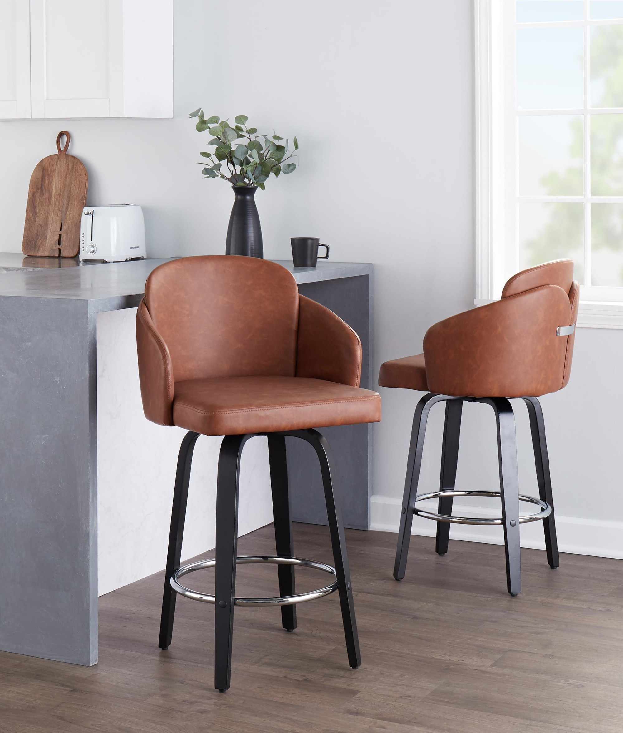 Dahlia Black Wood Camel Faux Leather Contemporary Counter Stools (Set of 2) 2 Dahlia Black Wood Camel Faux Leather Contemporary Counter Stools (Set of 2) - Image 2