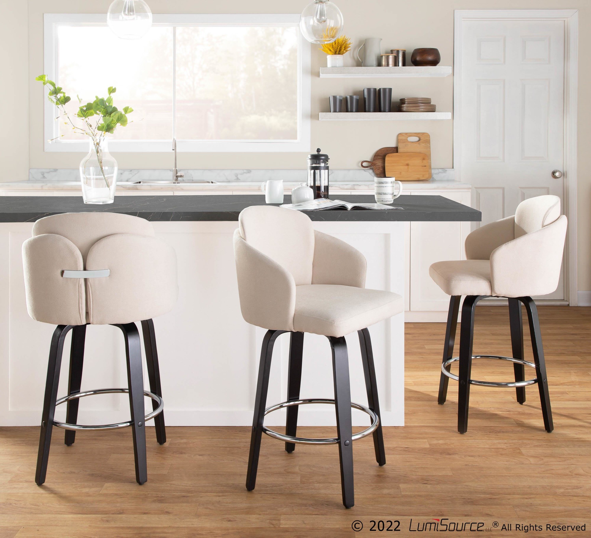 Dahlia Black Wood Cream Fabric Contemporary Counter Stools (Set of 2) 2 Dahlia Black Wood Cream Fabric Contemporary Counter Stools (Set of 2) - Image 2