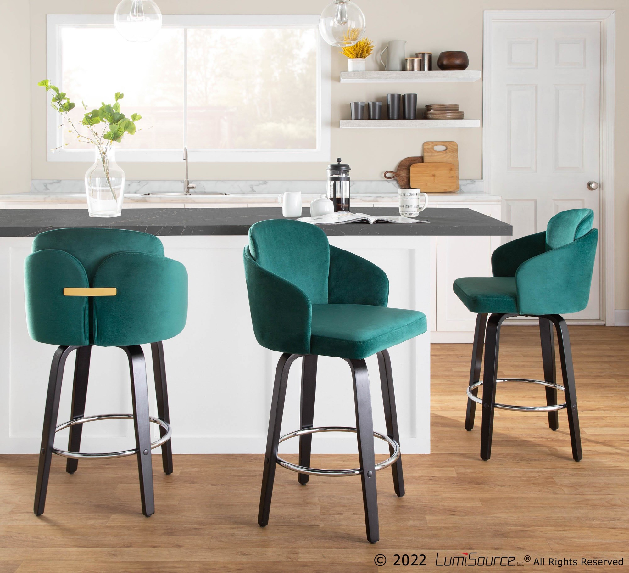 Dahlia Black Wood Green Velvet Contemporary Counter Stools (Set of 2) 2 Dahlia Black Wood Green Velvet Contemporary Counter Stools (Set of 2) - Image 2